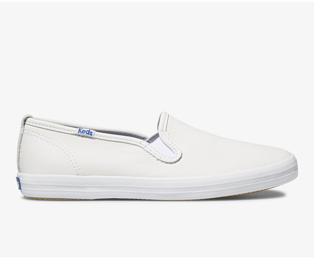 Keds Slip Ons White - Champion Slip On Leather - Womens URPLYI-156